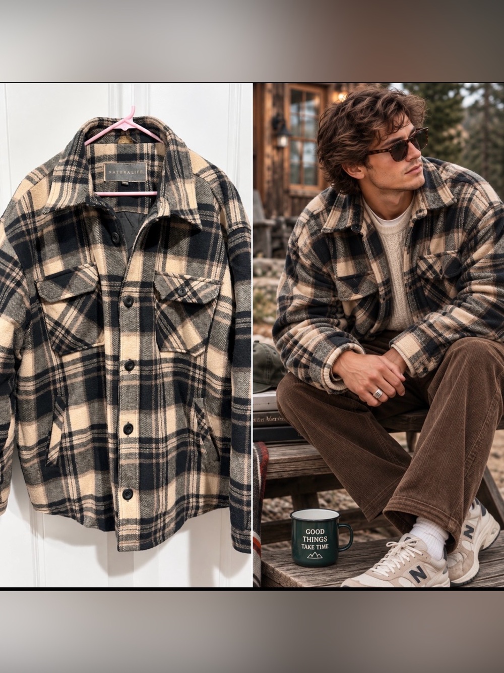 NATURALIFE Vintage Menโs Black/Tan Plaid Wool Blend Grandpacore Shacket sz XXL